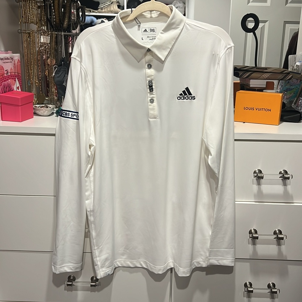 NWT Adidas Climacool UPF 50 Long Sleeve Polo with CBS Sports Logo, size L